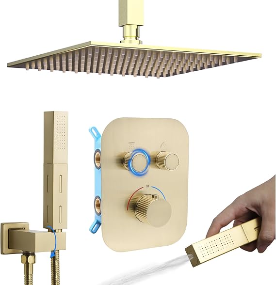 Thermostatic Shower System with 10" Rain Shower Head - Dual Simultaneous Use, Adjustable Flow, Brushed Gold