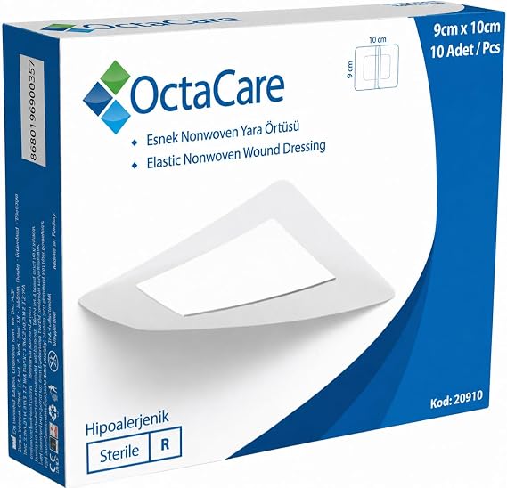OctaCare Yapışkanlı Yara Örtüsü, Elastik Nonwoven Yara Bandı, Steril, Hipoalerjenik, 9cm x 10cm, 10 Adet (10 lu Paket)