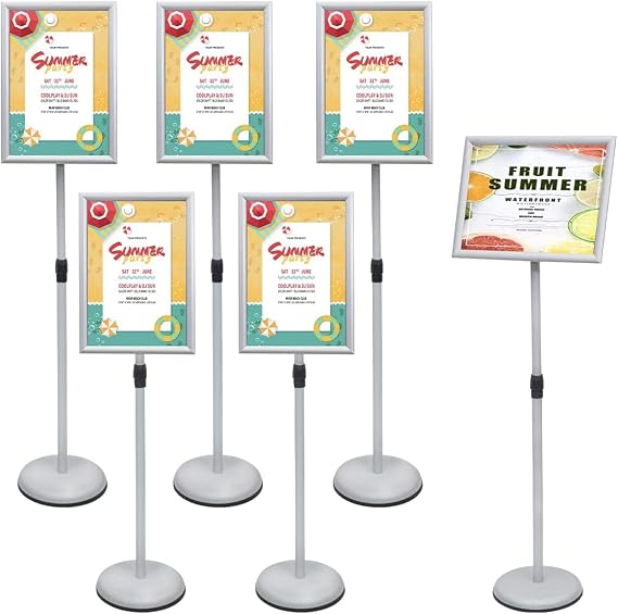 SENZHIYI Adjustable Poster Stand Holder Heavy Duty Snap Open Aluminum Pedestal Floor Standing Sign Holder Vertical and Horizontal View Sign Displayed Sliver, 8.5x11inches 6P