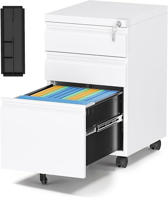 3 Drawer Mobile File Cabinet with Lock,Under Desk Storage Cabinet for Home Office,Vertical Filing Cabinet Fits A4 or Letter Size(Unassembled,White)