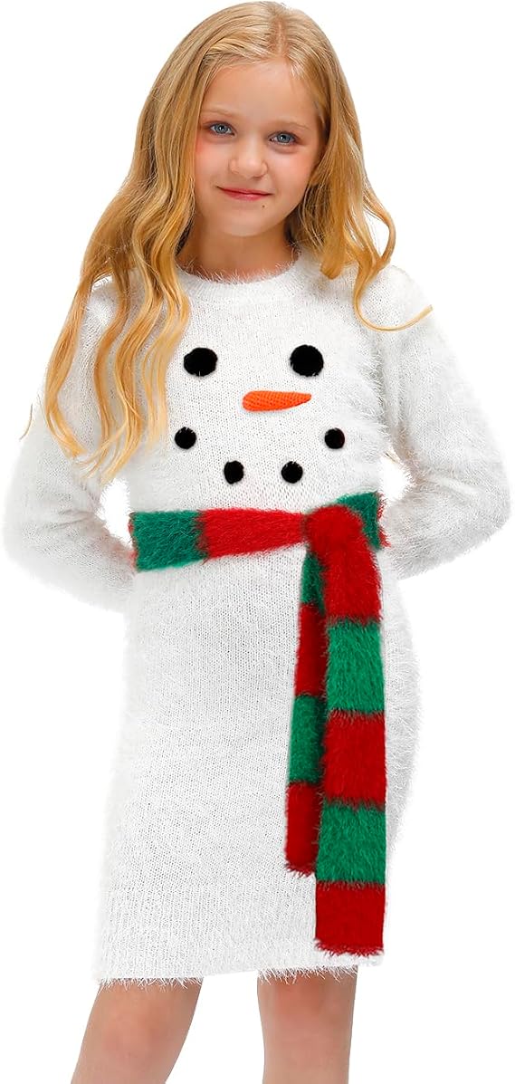 BesserBay Girls Christmas Ugly Sweater Midi Dress with Belt 3-14 Years