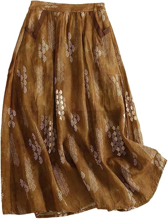 Womens Cotton Linen Skirts A Line Flowy High Waisted Vintage Printed Pattern Midi Skirt with Pockets