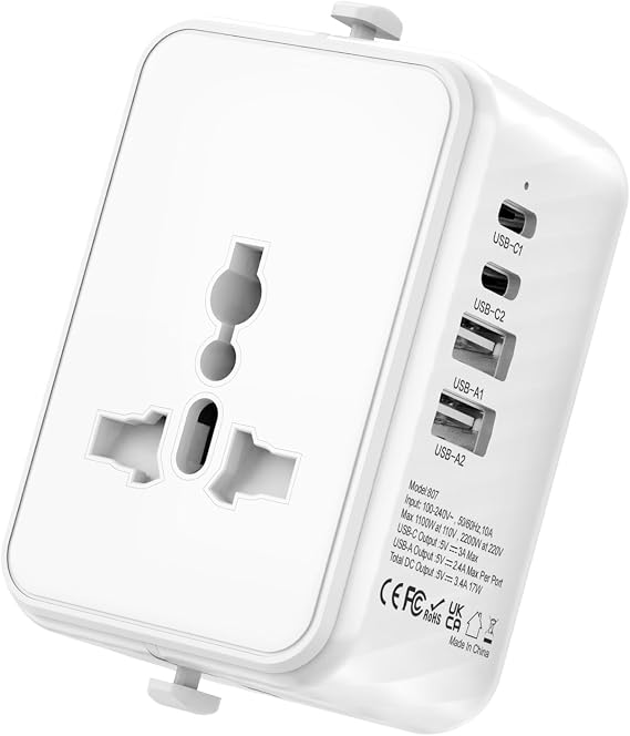 Universal Travel Adapter Worldwide Multi Plug, Travel Adaptor All in One Universal Charger Power Adapter with 1 Universal AC Outlet 4 USB Ports (2 USB C) for EU US UK AUS Multi Countries