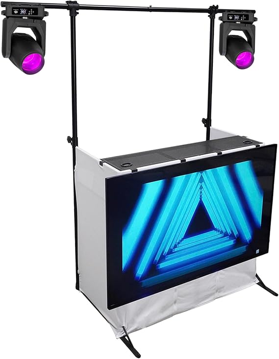 American DJ Vizi Beam CMY Bundle: (2) LED DMX GOBO Beam Spot Wash Strobe Moving Head Lights, ROCKBOOTH PRO Pack DJ Booth Table Facade, 70" TV Mount, Lighting Truss, 3 Items