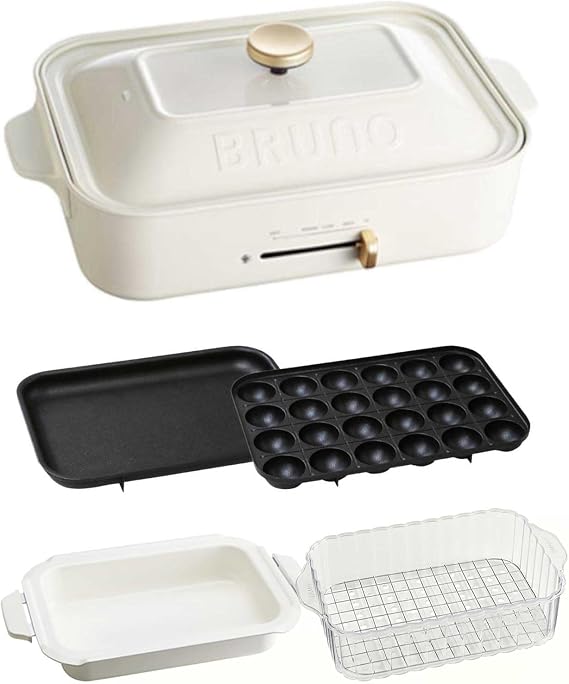 Bruno BOE021-WH Compact Hot Plate, Main Body, 4 Plate Types Takoyaki, Ceramic Coated Pot, Flat, Steamer 1 Tier, White, Steamer, Steamed Dishes, Includes Lid, 1,200 W, Temperature Adjustable, Easy to