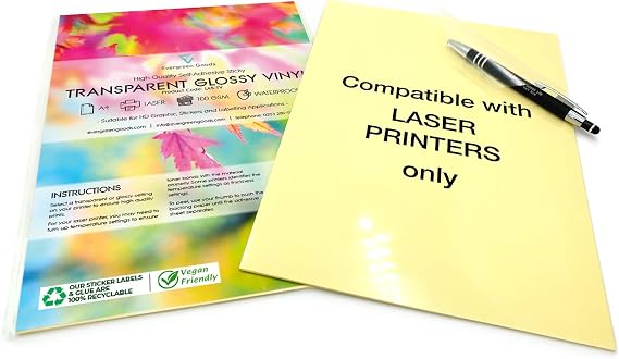 Evergreen Goods 20 Sheets A4 Waterproof Clear Vinyl Sticker Paper Glossy Self-Adhesive for Laser Printers Custom Stickers, Decals, Small Business Branding, Labels & Party Favors – Strong & Durable