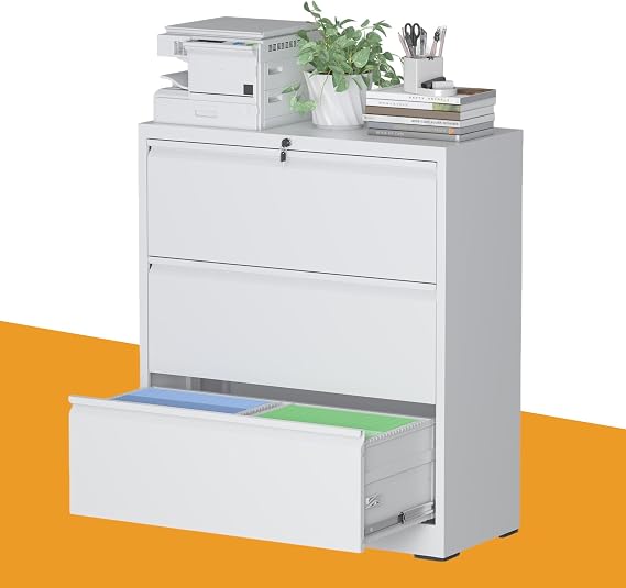 3-Drawer Lateral File Cabinet with Lock, Black Metal Filing Cabinet for Office or Home Secure Storage for Letter/Legal/A4/F4 Documents, Easy to Assemble Locking File Organizer (White, 3 Drawer-40"H)