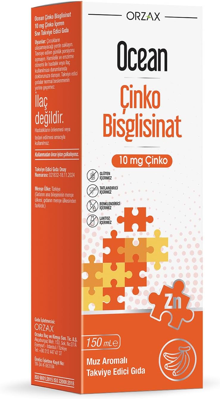 Ocean Çinko Bisglisinat 10 mg, 150 ml, Muz Aromalı