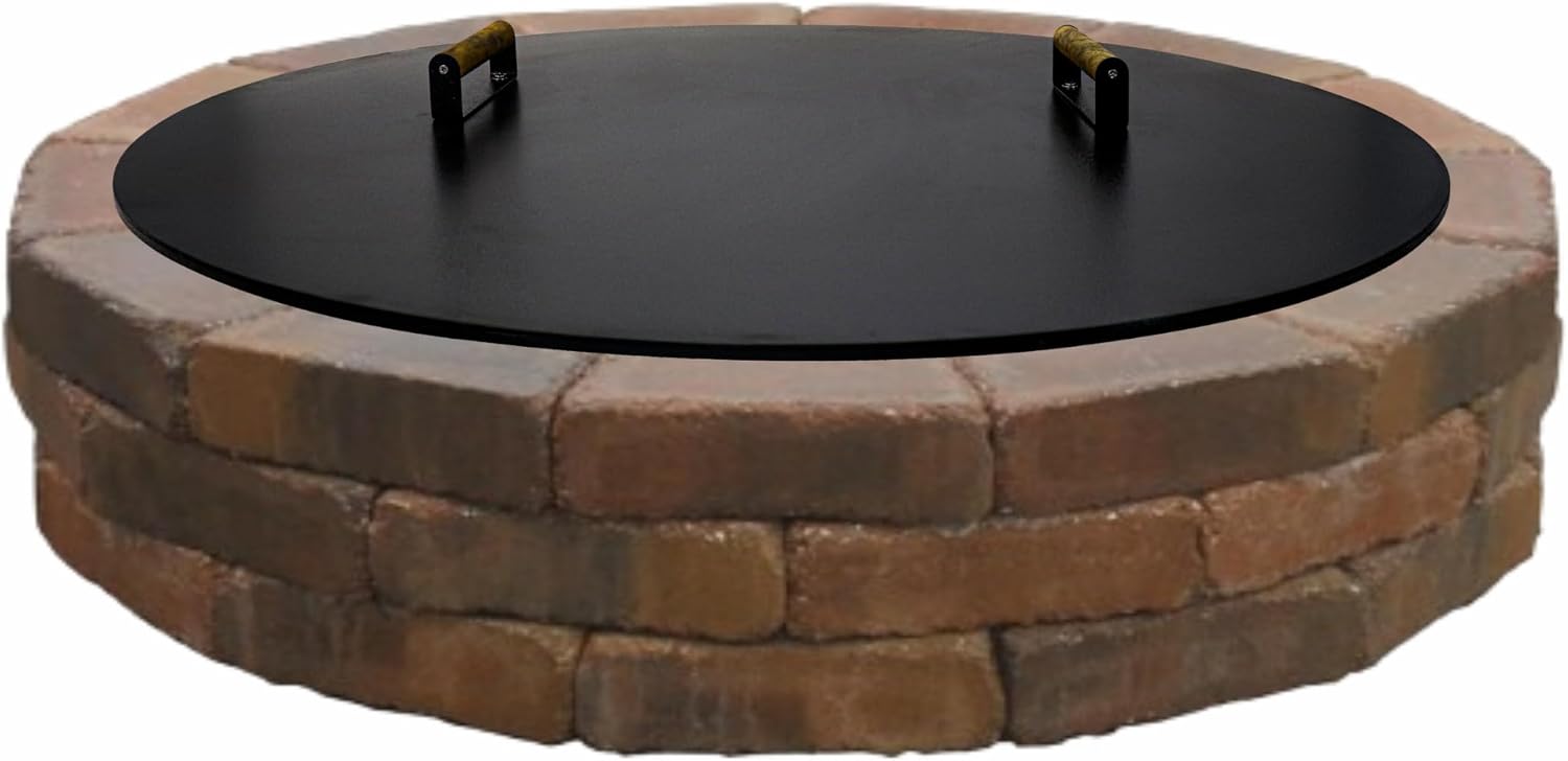 38” Fire Pit Cover Lid Round - Fit for 36” Round Fire Pit Lid for Outdoor Fireplace Cover Lid Steel fire Pit Metal Cover W 2 Wooden Handles & Heat Resistant Snuffer Lid for Patio Fire Pit Ring