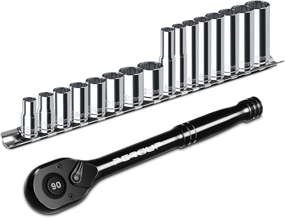 16PCS 1/4" Drive Metric Deep & Shallow 12-Point Socket Set (6-13mm) + 1/4" Drive 90 Tooth Ratchet Wrench with Ergonomic Handle