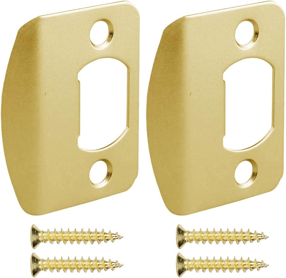 Door Strike Plate Univeral, 2-14 inch x 1-716 inch, Round Corner - 2 Pack Gold