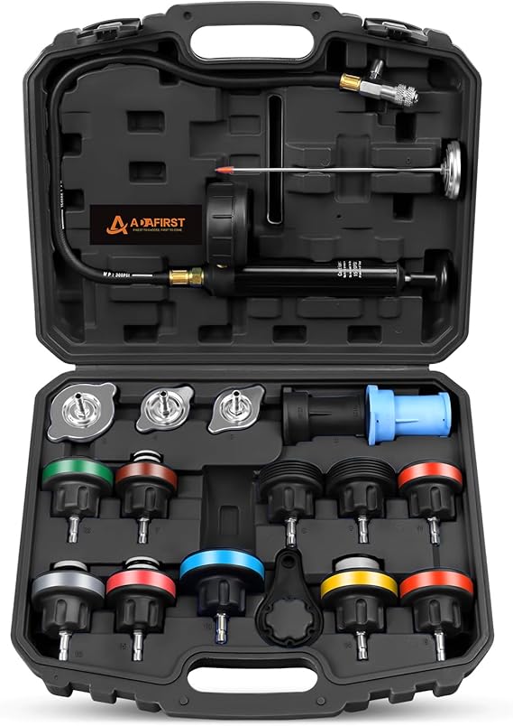 Radiator Pressure Tester Kit, 18PCS Automotive Water Tank Manual Pump Pressure Test Tool and Adapters Work on Cooling System Leak Down Detection for Cars Motorcycles Trucks Airlifts, Black