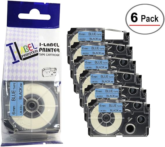 LM Tapes Premium Compatible Label Tape Replacement for Casio XR6BU 1/4 in Black on Blue Labeling Tape for use in Casio XR-6BU 6mm, 6/Pack