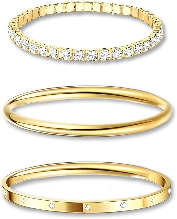 3PCS Gold Bracelet Stack Set, Tennis Gold Bracelets for Womens Set Multi Layer Stackable Cuff Bangle, Jewellery Sets for Women Thin Round Bangle Cuff, Gifts for Ladies