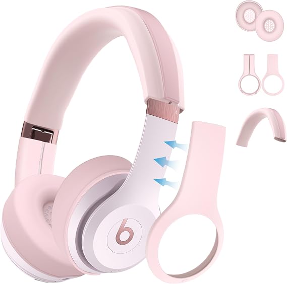 3 in 1 Silicone Case for Beats Solo 4 Headphones, Protective Silicone Covers for Beats Solo 4 Shell/Ear Pad/Headband Cover, Accessories Silicone Skin Protector for Beats Solo4 - Pink