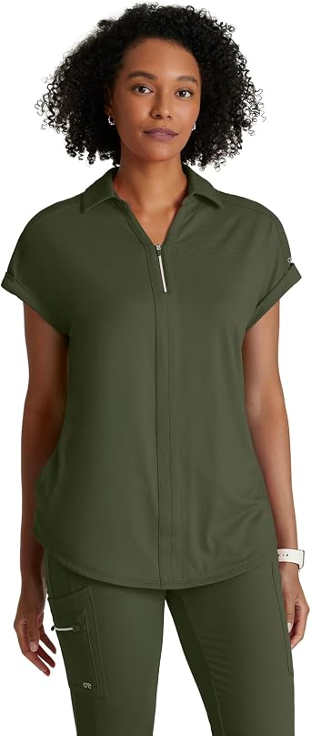 BARCO One Performance Knit Engage Classic Fit Scrub Top for Women 2-Pocket, Zip Neck Collar Shirt with 360 Spandex Stretch