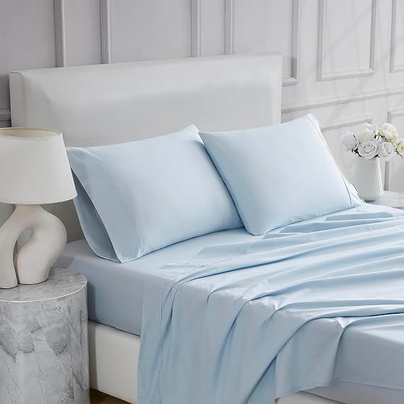 Linen Closet 4 Pcs 100% Cotton Queen Sheet Set, Light Blue, 400 Thread Count, Percale Weave, Deep Pocket Fitted Sheet, Fits Up To 18" Mattress, Crisp & Cooling Bed Sheets for Home & Hotel Use