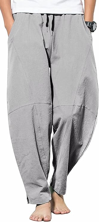 Men's Casual Cotton Linen Pants Elastic Waist Drawstring Beach Summer Lightweight Trousers