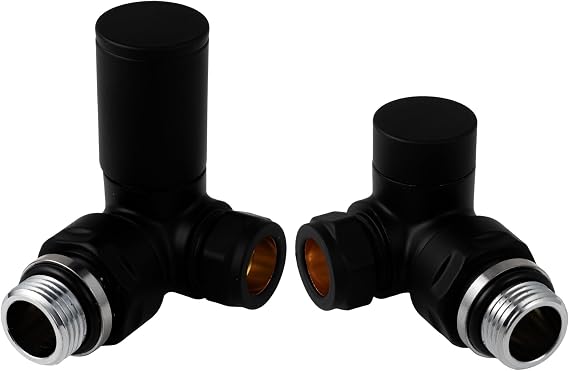 VANCOCO Matte Black 1/2"×15mm Corner Radiator Valve Round with Lockshield, Manual Radiator Valve Standard Connection for Heated Towel Rail and Central Heating Modern Bathroom