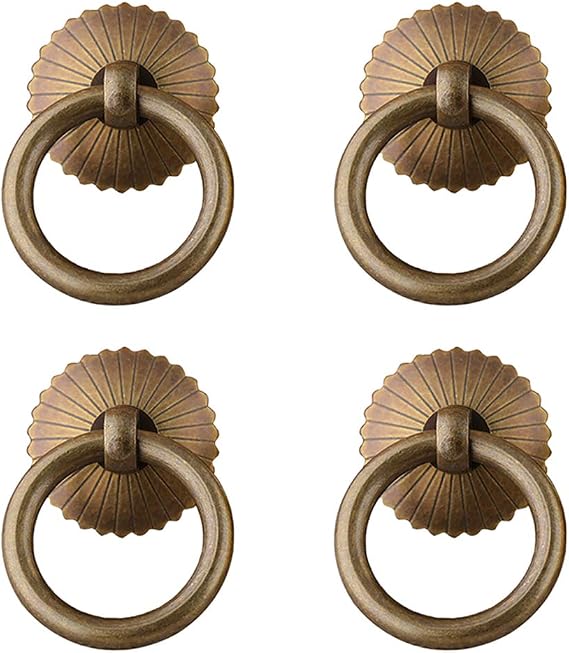 4Pcs Chinese Style Antique Brass Ring Pull Handle Kitchen Cabinets Wardrobe Drawer Furniture Hardware Retro Style Small Pull Ring (Antique Bronze)