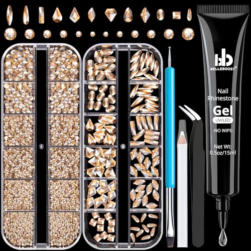 Rhinestones for Nails, Manicure Kit with Rhinestone Glue Gel, Multi Shapes Champagne Glass 3D Nail Charms  Flatback 2-5mm Round Beads & Gem Glue UVLED Needed with Dotting Tools