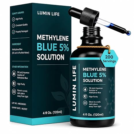 5% Methylene blue 120ml Aqueous Solution – Methylthioninium Chloride – Glass bottle with glass pipette for High Purity 5%, USP Grade Ingredients, Formaldehyde-Free