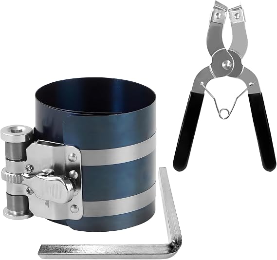 4 Inch Piston Ring Compressor Tool, Adjustable Piston Ring Removal Installer Kit Range from 2.1" to 6.9", Engine Pistons Compressor Tool with Pliers & Wrench for Most Cars (2.52.54.0 inches)