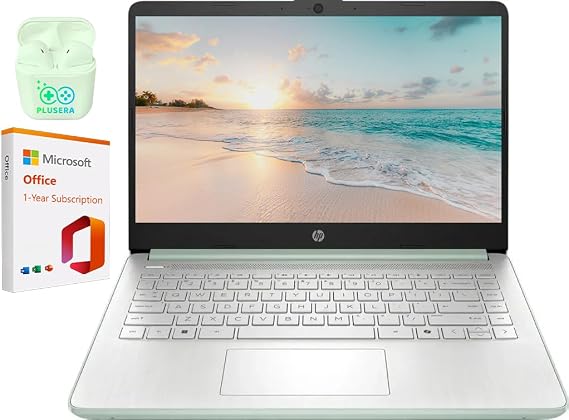 HP 14" LED Business Laptop Computer, Intel Quad-Core N150 Processor, Windows 11 S & 1-Year Microsoft Office 365 Included, PLUSERA Earphones (Willow Green, 32GB RAM | 640GB Storage)