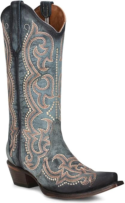 Corral Boots Womens Blue Jean Embroidered Snip Toe Casual Boots Mid Calf Mid Heel 2-3" - Blue