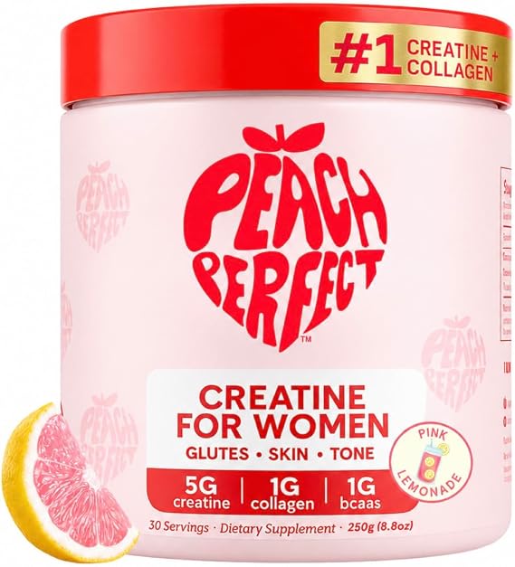 Peach Perfect Creatine for Women Micronized Creatine Monohydrate Powder with BCAA & Collagen for Glute Strength Support, Boosts Energy, Focus, Strength, and Endurance Pink Lemonade, 30 Servings