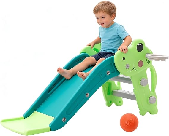 Toddler Slide Indoor, Baby Slide with Basketball Hoop and Ball, Green | FreeStanding Toddler First Slide Playset, Rounded Edges, Safe, Space-saving