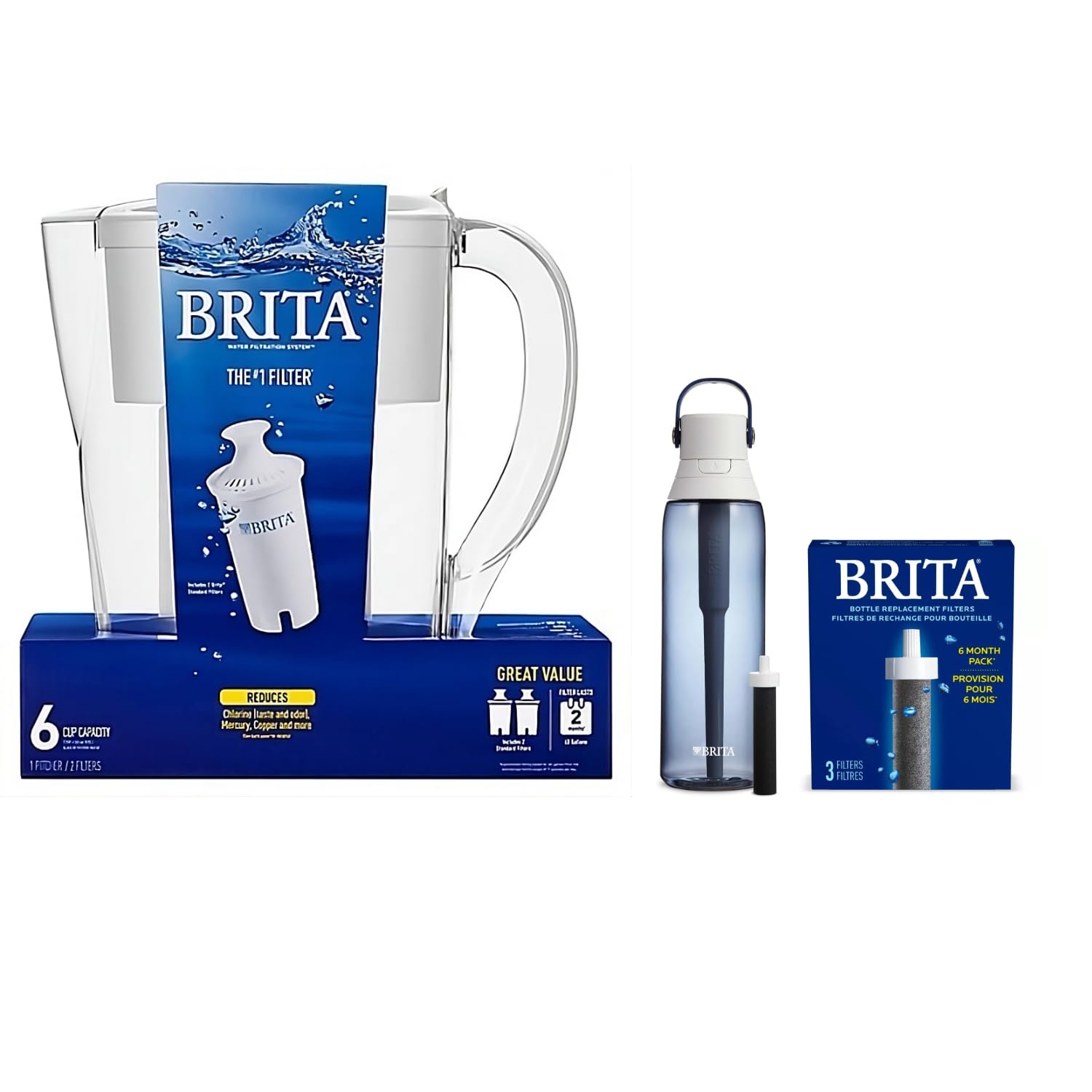 Brita Water Pitcher, 6 Cup Capacity, Lasts 2 Months, 40 Gallons, Includes 26 OZ Premium Filtration Water Bottle, Night Sky, Reusable, with 3 Replacement Filters