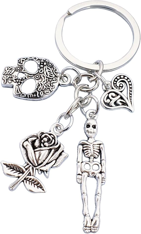 Skull Keyring Skeleton Keychain Skull Roses Heart Keyring Kawaii Key Chains Cool Car Key Charm Accessories for Women Girl Charm Purse Handbag Gift