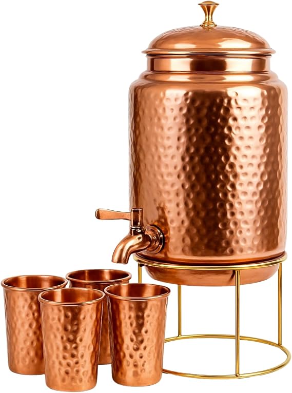 Pure Copper Hammered Water Dispenser, Water Tank with Faucet and Set of 4 Copper Tumblers, Water Container, Copper Water Storage Tank, 6.5 Liter Capacity, 222 oz