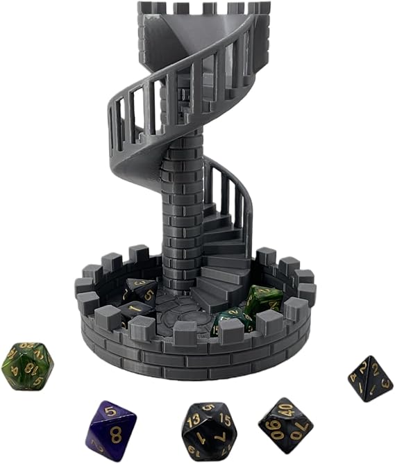 Dice Spiral Staircase Castle Dice Tower Dungeons and Dragons RPG Tabletop Roleplaying Game Jail D&D (Random 7PCS D20 Dice Set Included) Silver