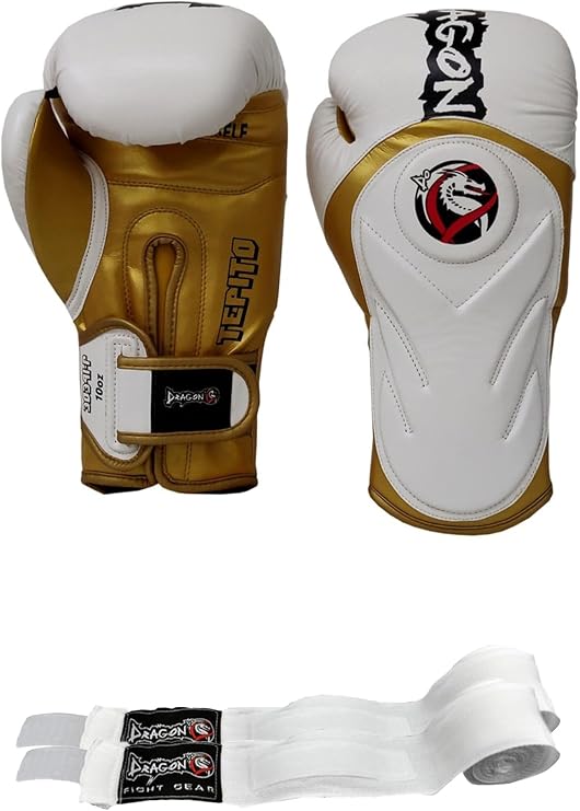 Dragon Do Tepito Boks Eldiveni Muay Thai Kick Ve Bandaj 2'Li Set Beyaz Altın 14 Oz