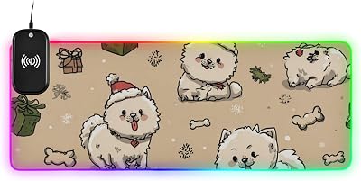 Cute Cartoon Dogs Beige Wirel Charging Glowing Keyboard Mouse pad Glowing Studio 35.4 x 15.7 in Small Desk mat for Keyboard and Mouse