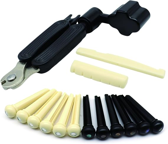 14Pcs Acoustic Guitar Bridge Pins & Guitar Bridge Saddle Nut Set, Acoustic Guitar Accessories Replacement Parts with Guitar String Winder, Cutter, Bridge Pin Puller - 3-in-1 Tool Kits(Ivory+Black)