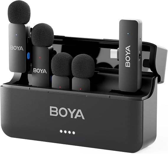 BOYA BY-V4U Wireless Lavalier Microphone for iPhone 15/16/17 & Type C, 4-Channel Lapel Mic with Charging Case, Plug & Play, Noise Cancelling, 18H Playback, for Video Content Creator