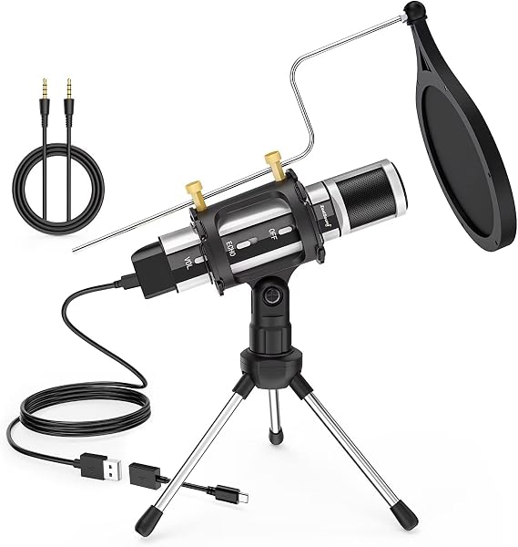 ZealSound Studio Recording Microphone, Condenser Broadcast Microphone w/Stand Built-in Sound Card Echo Recording Karaoke Singing for Phone Computer PC Garageband Smule Live Stream & YouTube (Silver)