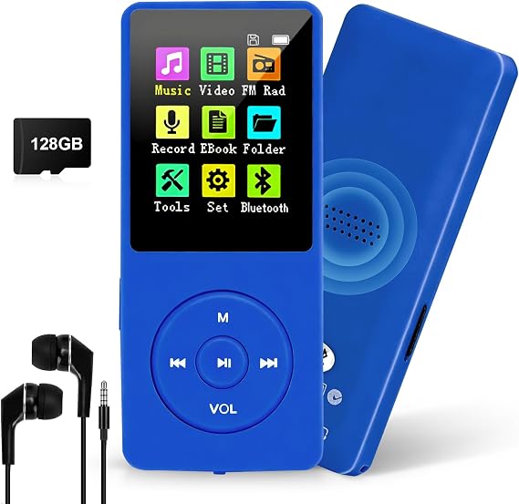 128GB MP3 Player with Bluetooth 5.0, COVVY Portable Digital Music Player with Built-in HD Speaker, FM Radio, E-Book Function, Earphones Included (Dark Blue)