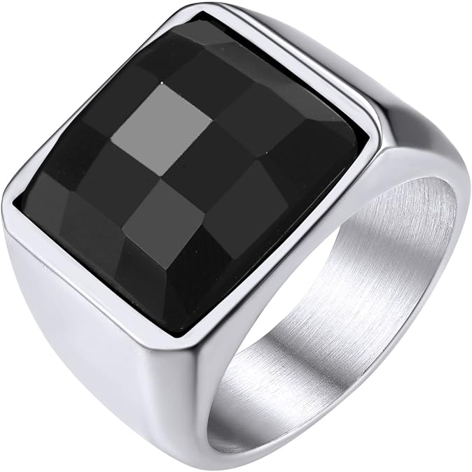 GOLDCHIC JEWELRY Mens Square Stone Signet Ring Personalized Stainless Steel Black Onyx Blue Topaz Birthstone