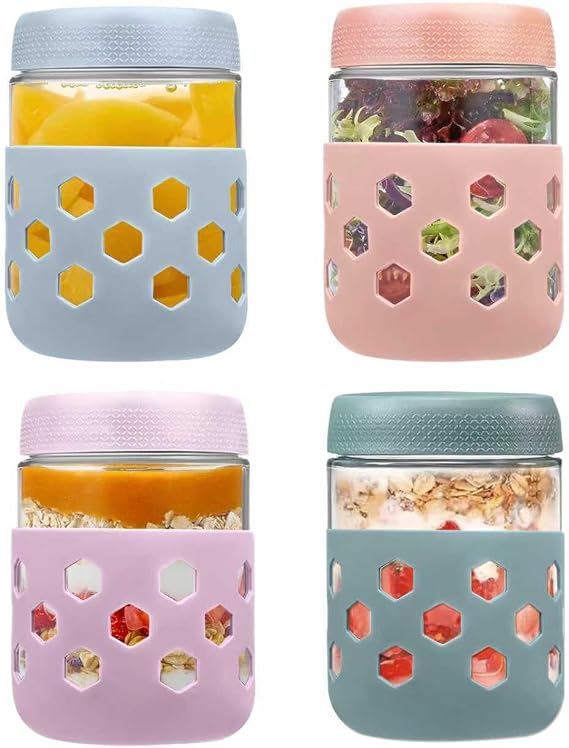 4 Pcs 16oz Overnight Oats Jar, Glass Jar with Screw Lid Leakproof Overnight Oats Container and Protective Silicone Sleeve, Yogurt Jars, Oatmeal Salad Jars, for Cereals Milk Fruit, ( 4 Colors 480ml )