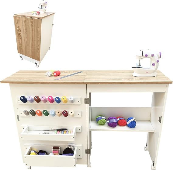 Folding Sewing Table, Multipurpose Craft Station & Side Desk with Compact Design, Sewing Machine Table with Wheels, Storage Shelves, Storage Trays, Wooden Pegs, Magnetic Doors | Multipurpose Craft Station & Side Desk with Wheels, Storage Shelves, Storage Trays, Wooden Pegs, Magnetic Doors