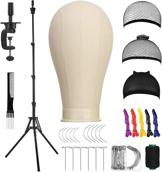 SZCY LLC 23 Inch Canvas Block Wig Head, 47 Inch Wig Stand Tripod with Head, Mannequin Head for Wigs Display with Wig Caps, T C Pins Brush