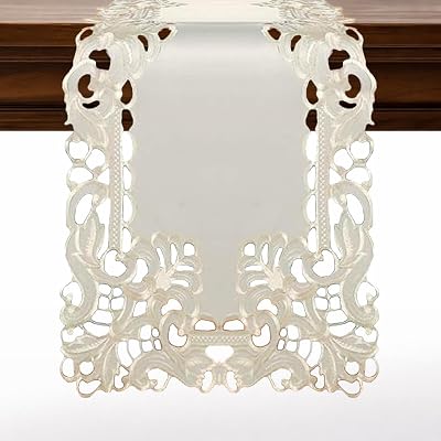 Decozen Light Beige Table Runner - Lace Linen Dresser Scarf European Embroidery - Perfect for Kitchen Dining Room Home Decor Wedding Receptions - 14 x 108 inches - The Damarcus Collection