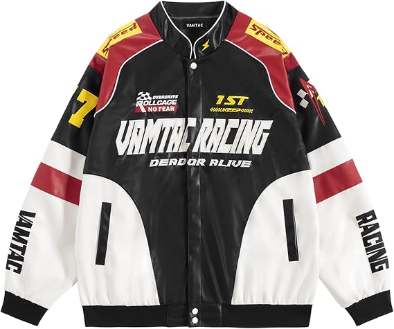 Vamtac Mens Racing Jackets Oversized Vintage Leather Bomber Jacket Baseball Racer Varsity Coats Streetwear