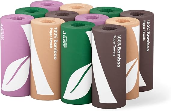 Amazon Aware Bamboo Paper Towels, 12 Rolls, 2 ply, FSC Certified, 150 Sheets, 1800 Count, Pack of 12, Plastic-Free, White