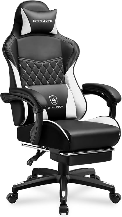 GTPLAYER Gaming Chair, High Back Leather Computer Gaming Chair with Footrest, Ergonomic Height Adjustable Office Chair with Removable Cover and Lumbar Support for Gaming and Work (White)