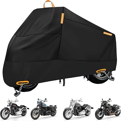 Motorcycle Cover Waterproof Outdoor, 300D Heavy Duty Motorcycle Cover for Harley Davidson Sportster 1200 883 Fat Boy 114 Street Bob, All Seasons Protection Scooter Cover Fits up to 86